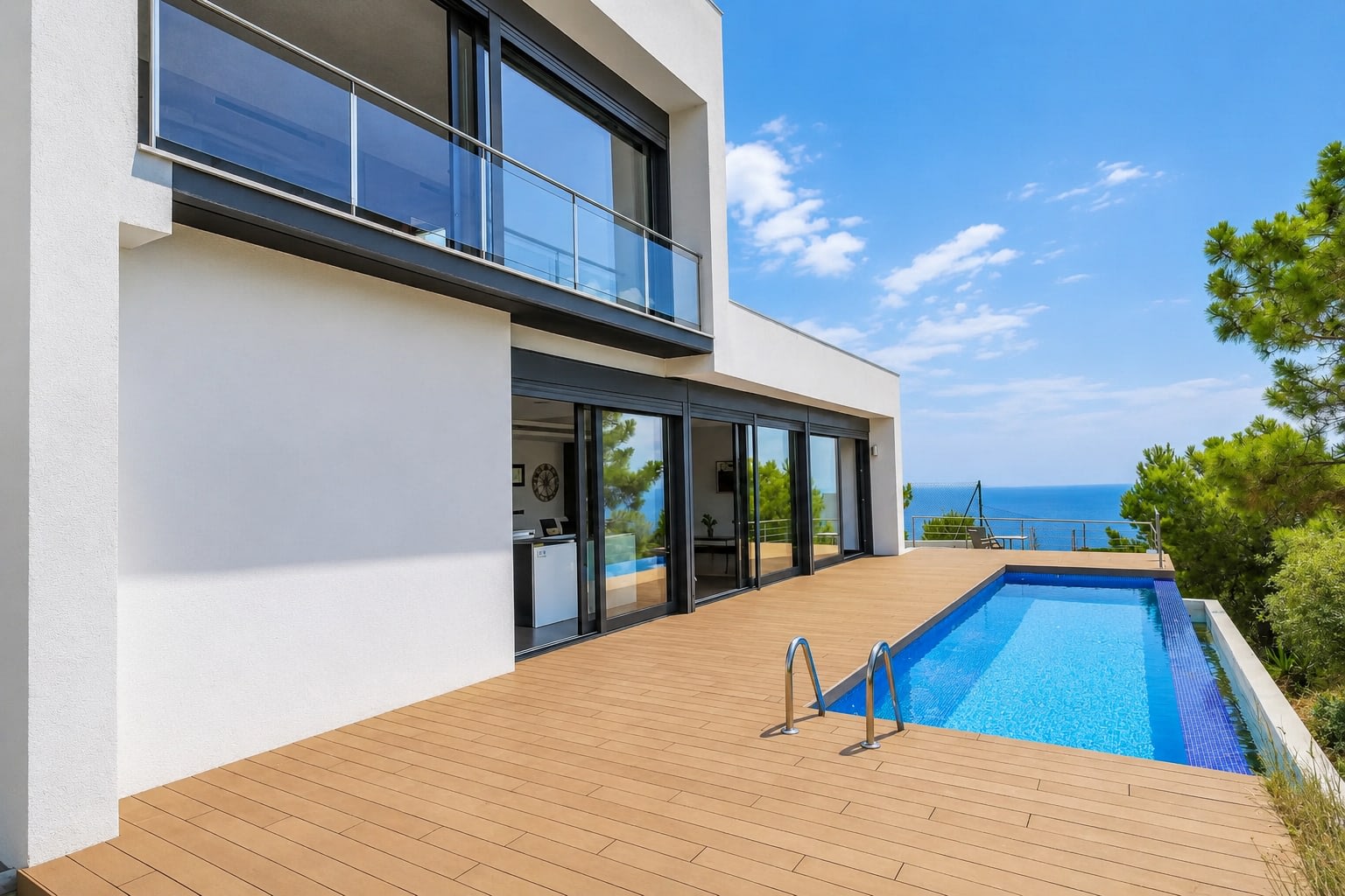 Façana d’un habitatge a Serra Brava, amb piscina i vistes al mar